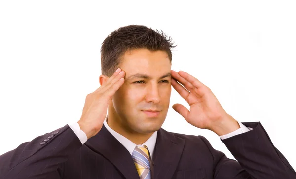 Giovane uomo d'affari con mal di testa, isolato su bianco — Foto Stock