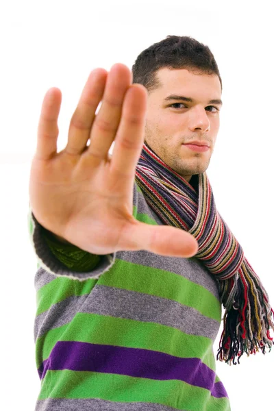 Mladý muž dělat zastavit rukou, izolované na bílém — Stock fotografie