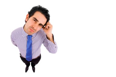 Tensed young businessman thinking about his problems, isolated o clipart