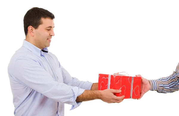Young casual man receives a gift — Stock Photo, Image