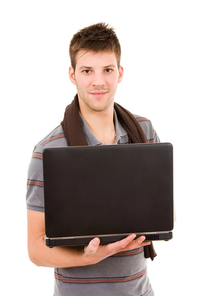 노트북 컴퓨터와 함께 서 있는 캐주얼 남자 — 스톡 사진