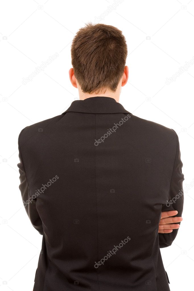 Young business man from back, isolated on white