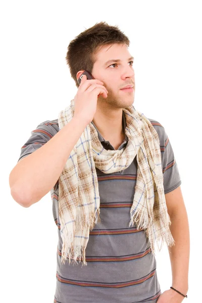 Junger, lässiger Mann am Telefon, isoliert auf weiß — Stockfoto