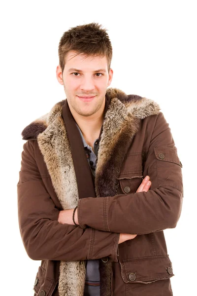 Зображення Молодого Чоловіка Одягненого Зимовий Одяг Ізольовано Білому — стокове фото