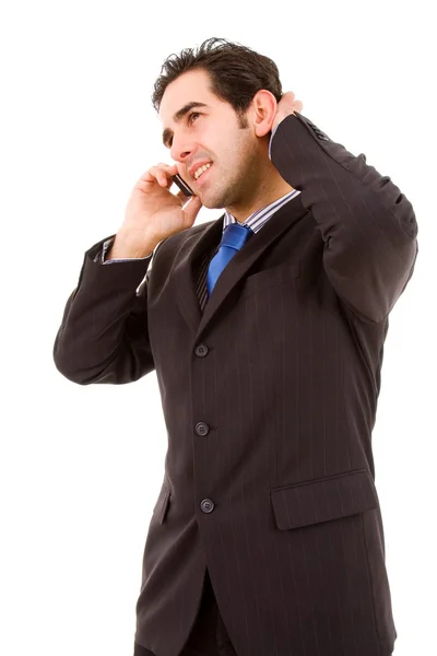 電話は、白い背景で隔離の若いビジネス男 — ストック写真