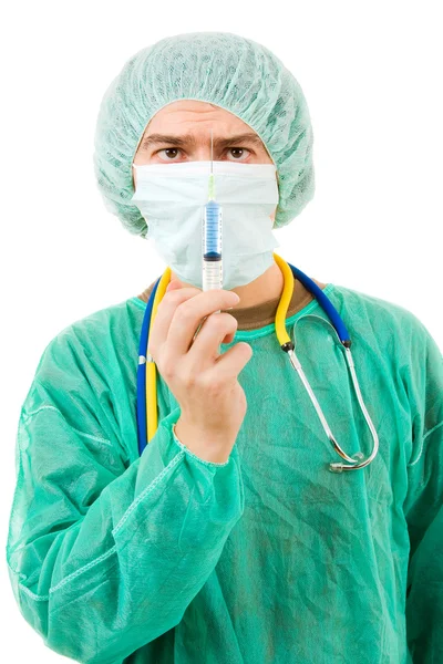 年轻的外科医生用注射器，孤立在白色 — 图库照片