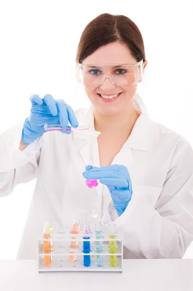 Young female researcher carrying out scientific research, isolat — Stock Photo, Image