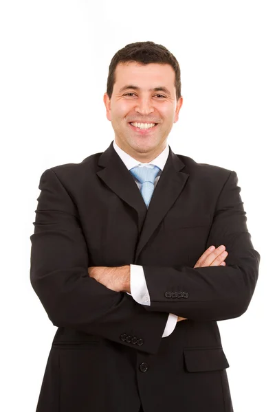 Jovem Homem Negócios Feliz Retrato Isolado Branco — Fotografia de Stock