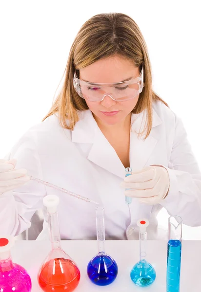 Young Female Researcher Carrying Out Scientific Research Isolated White — Stock Photo, Image