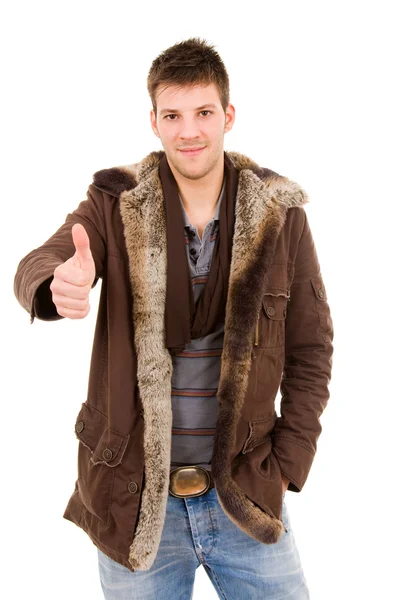 冬の服を着て、上に分離されて服を着た若い男の画像 — ストック写真