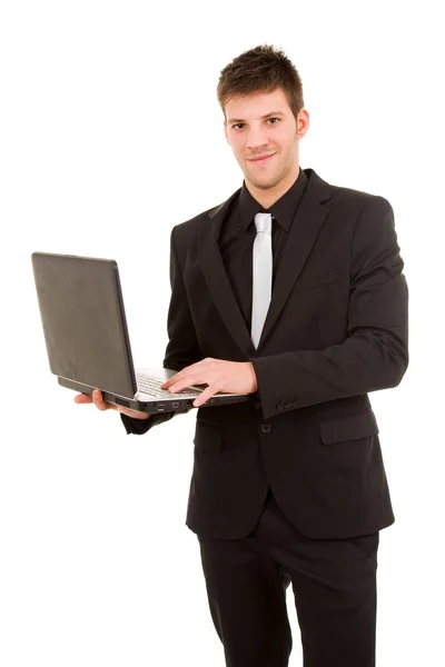 站在白色背景的笔记本电脑的年轻商业人的肖像 — 图库照片