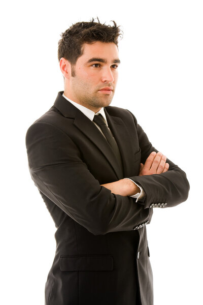 Pensive young business man portrait in white background