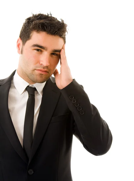 Primo piano di un giovane uomo d'affari in agonia con mal di testa, isolato — Foto Stock