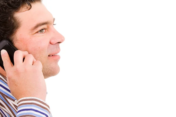Heureux mature l'homme sur l 'téléphone dans blanc fond — Photo
