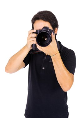 genç erkek photograher Studio, üzerinde beyaz izole