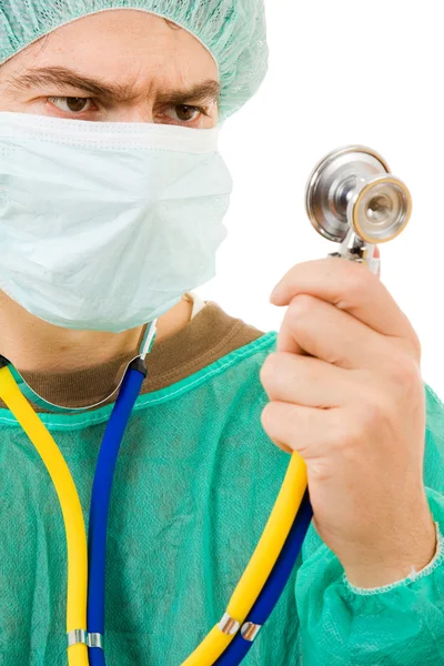 Young Surgeon Looking Stethoscope Isolated White — Stock Photo, Image