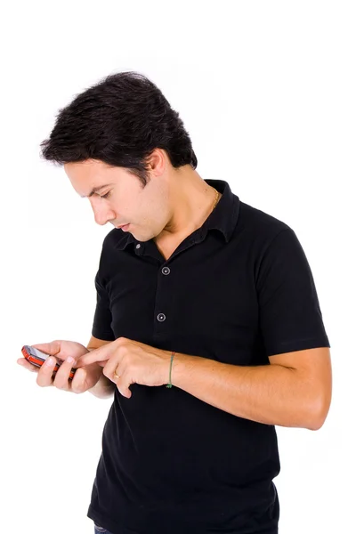 Casual Νεαρός Χρησιμοποιώντας Ένα Κινητό Τηλέφωνο Που Απομονώνονται Λευκό — Φωτογραφία Αρχείου