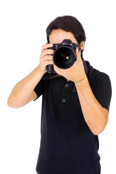 Fiatal férfi photograher, stúdió, elszigetelt fehér — Stock Fotó