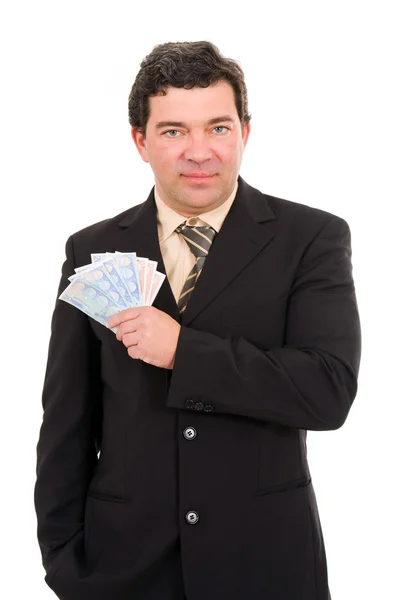 Mature businessman with money. Isolated in white background — Stock Photo, Image