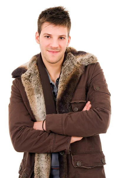 Bild Ung Man Klädd Med Vinterkläder Isolerad Vit — Stockfoto