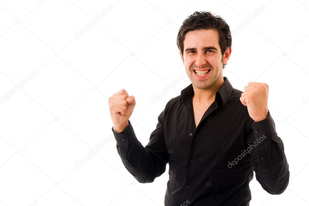 Happy young man with arms raised, isolated on white