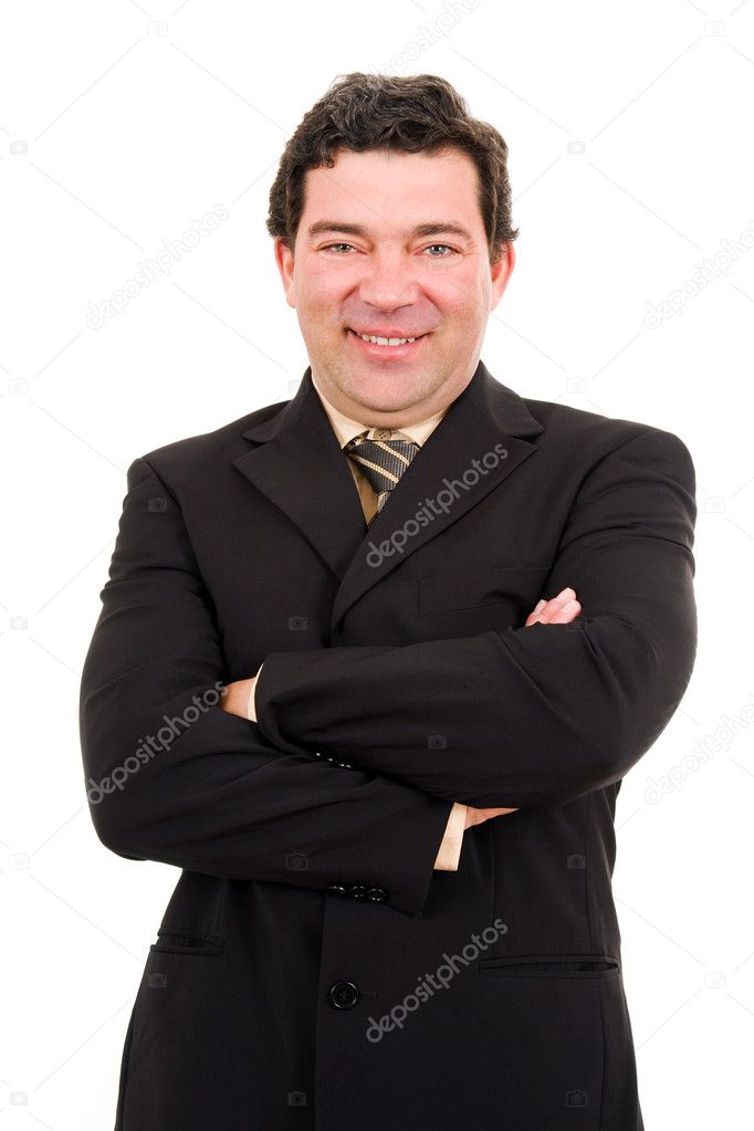 Happy smiling mature businessman looking at camera isolated on w