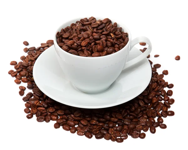 Secangkir biji kopi duduk di tempat tidur biji kopi — Stok Foto