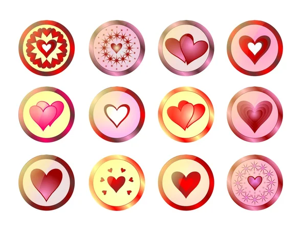 Tizenkét Szép Gombok Különböző Szívvel Piros Rózsaszín — Stock Fotó