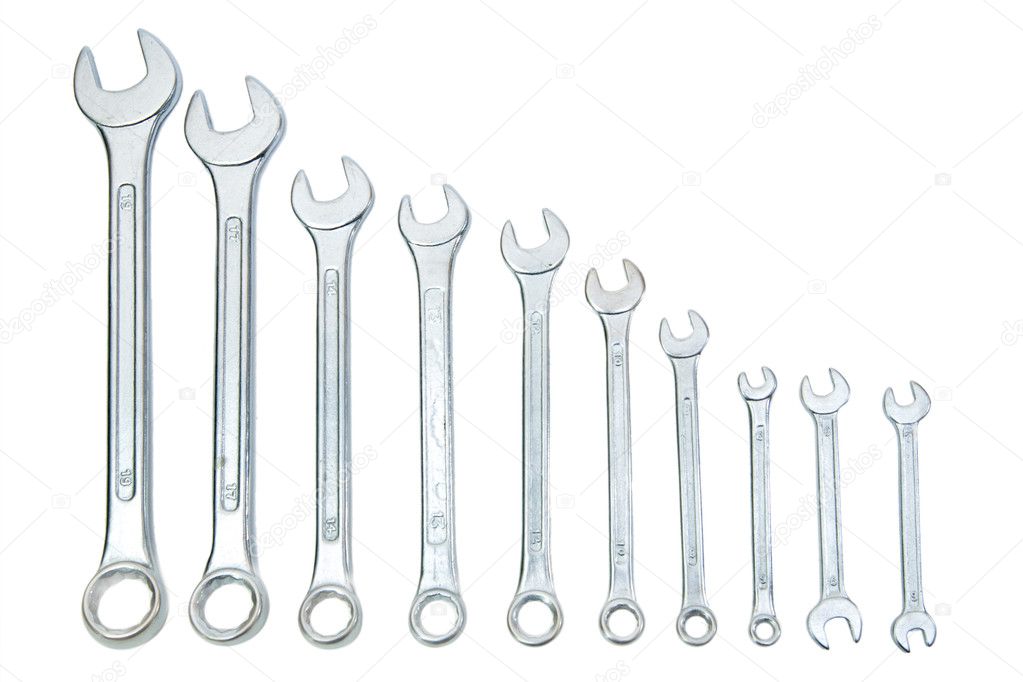 A set of wrenches on white isolated background