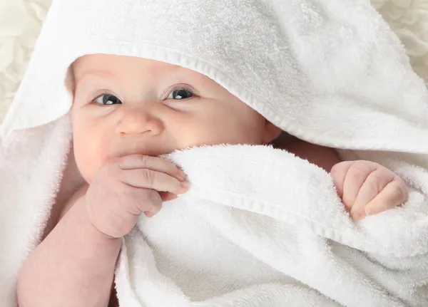 Close Portrait Cute Baby Wrapped White Towel Hiding Face — Stock Photo, Image