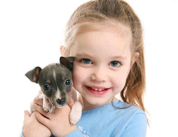Linda chica sosteniendo un cachorro — Foto de Stock