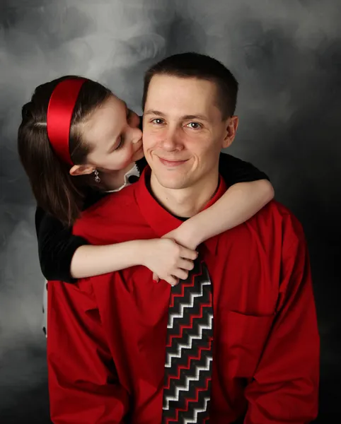Portrait Adorable Little Girl Handsome Father Dressy Clothing Hugging Kissing — Stock Photo, Image