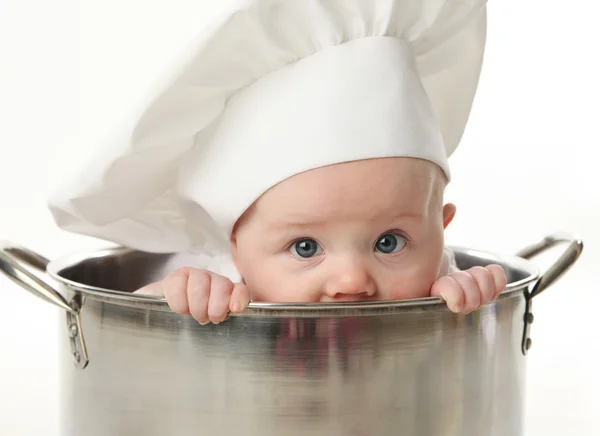 Close Portrait Baby Sitting Wearing Chef Hat Sitting Large Cooking — Stock Photo, Image
