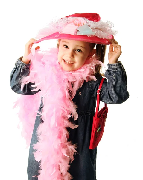 Retrato Uma Menina Pré Escolar Adorável Jogando Vestir Com Chapéu — Fotografia de Stock