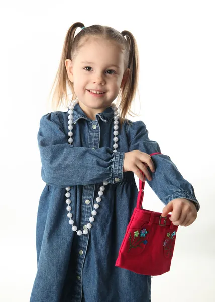 Portrait Adorable Preschool Girl Playing Dress Purse Pearl Necklace Isolated — Stock Photo, Image