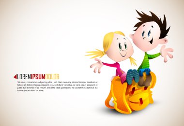 Cute Boy and Girl sitting on School Backpack clipart