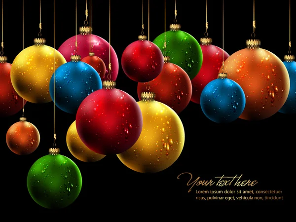 Beaucoup de boules de Noël avec des gouttes d'eau brillantes — Image vectorielle