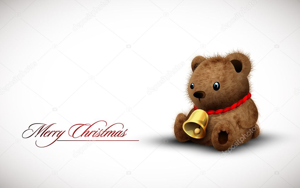 Teddy Bear wearing a Golden Bell as Necklace wishes you a Merry
