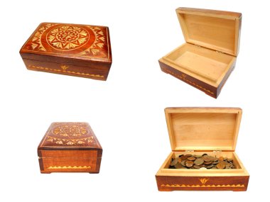 Group of old boxes with old coins clipart