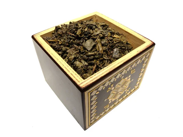 Caixa velha com chá verde — Fotografia de Stock