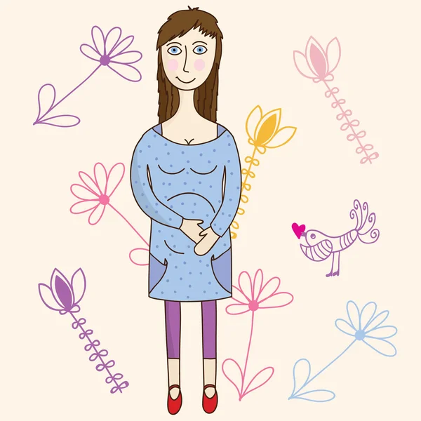 Gadis hamil yang cantik di latar belakang bunga musim panas - Stok Vektor