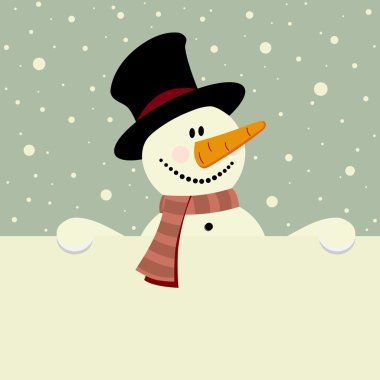 Vector xmas illustration of happy snowman holding blank paper clipart