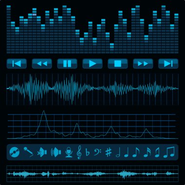 Notes, buttons and sound waves. Music background. clipart
