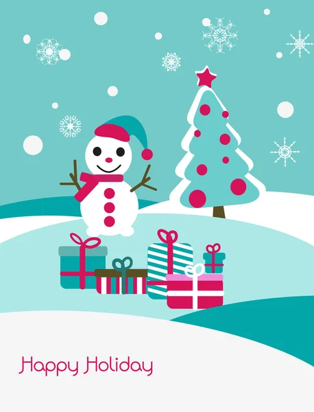 Carte de Noël avec bonhomme de neige et sapin — Image vectorielle
