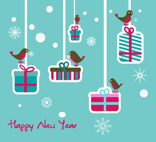 New Year illustration with birds and gifts — Stock Vector