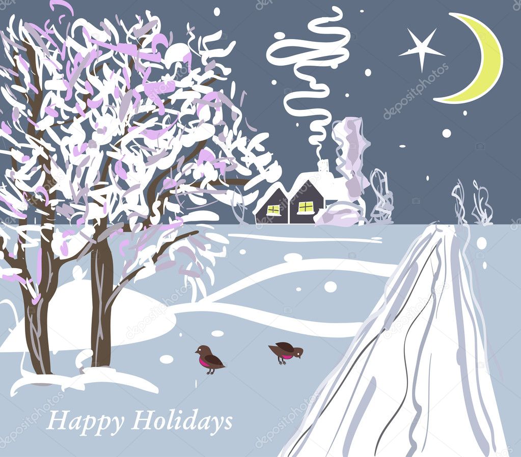 Christmas vector card with trees, house and birds
