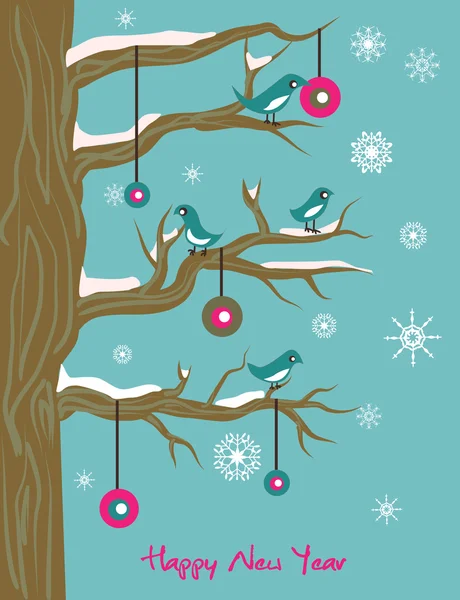 Ilustrație de Anul Nou cu păsări și minge — Vector de stoc