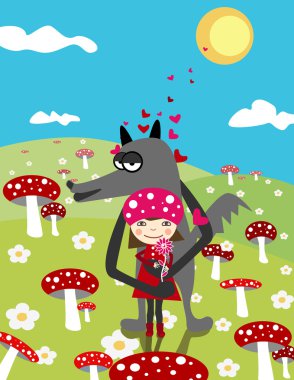 Little Red Riding Hood and wolf. Love. Day scene with mushrooms clipart