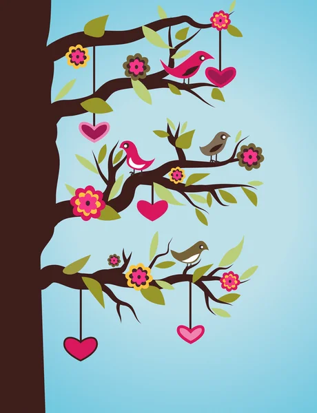 鳥と心の木 ベクトル イラスト — ストックベクタ