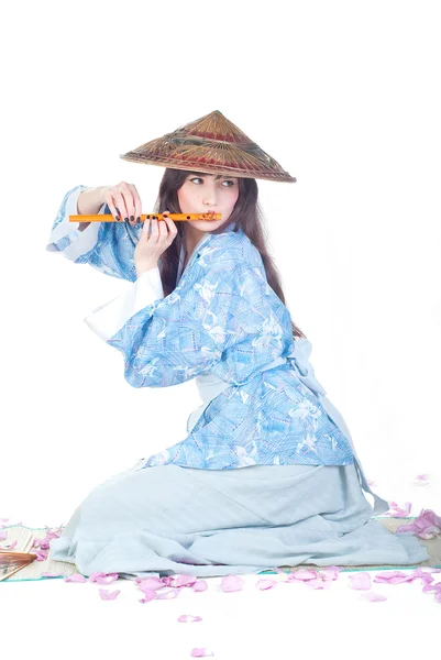 Geisha in kimono blu — Foto Stock